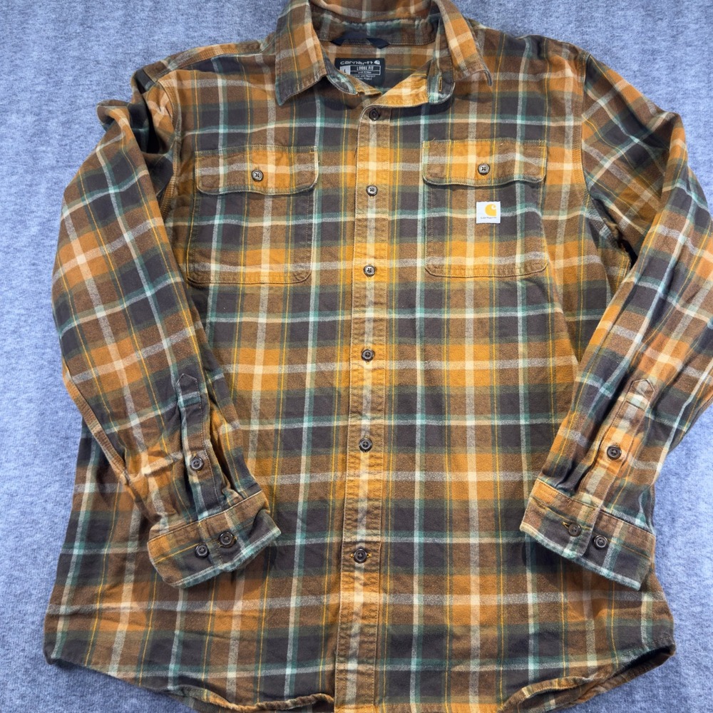 Carhartt Mens Loose Fit Plaid Flannel Button Down Shirt Orange Brown Large